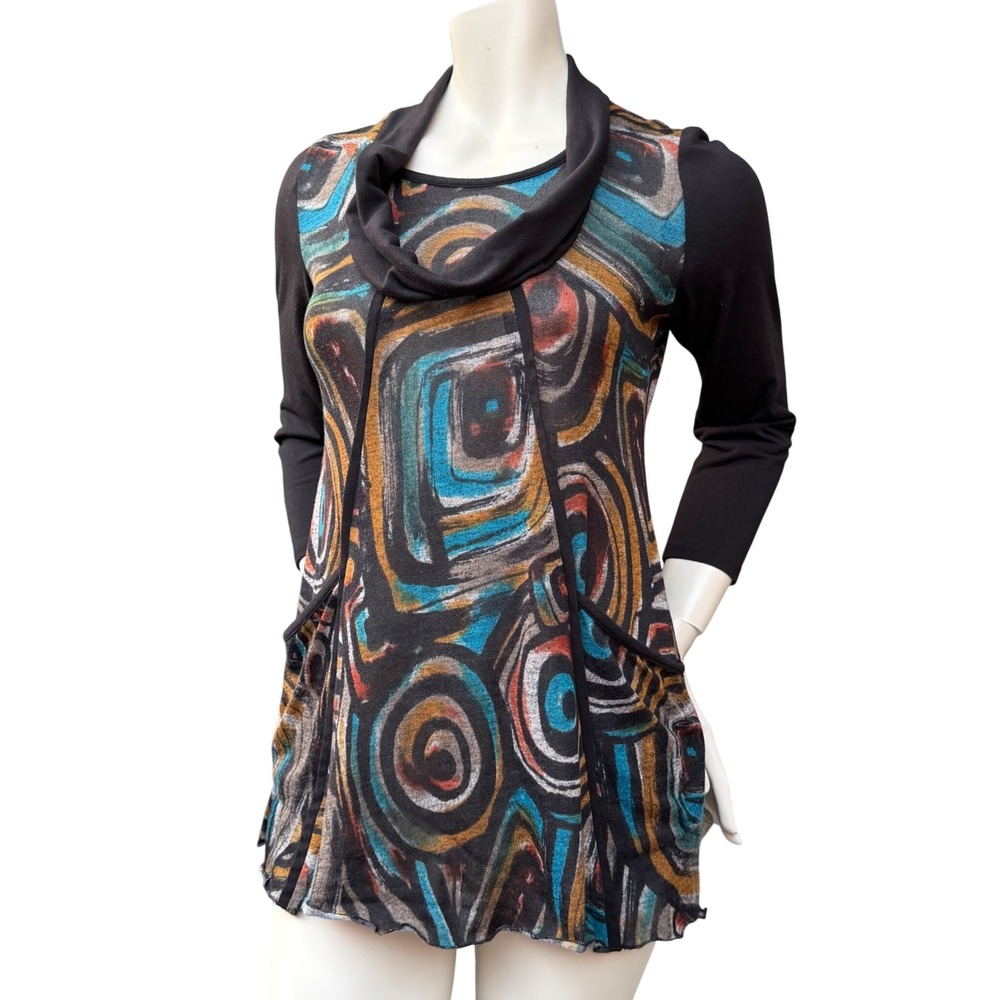 Yvonne Marie Tunic Top Abstract Cowl Neck Pocket Black Whimsigoth Art To Wear M